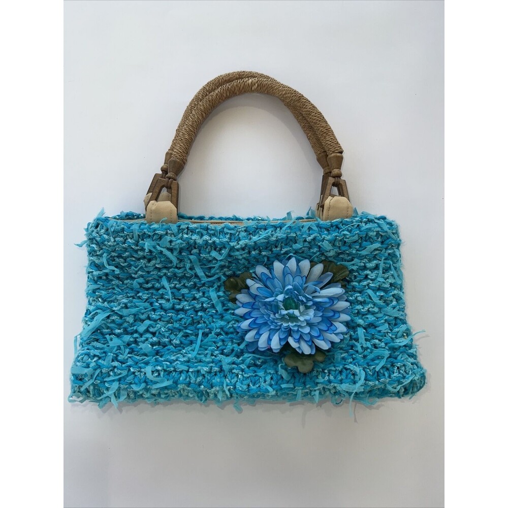 Purse Home Made Knit Turquoise Boho Vintage Vibe Charming One of a Kind Handled
